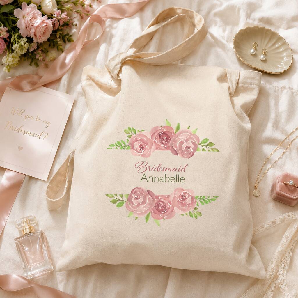 Personalised Pink Floral Bridal Party Tote Bag