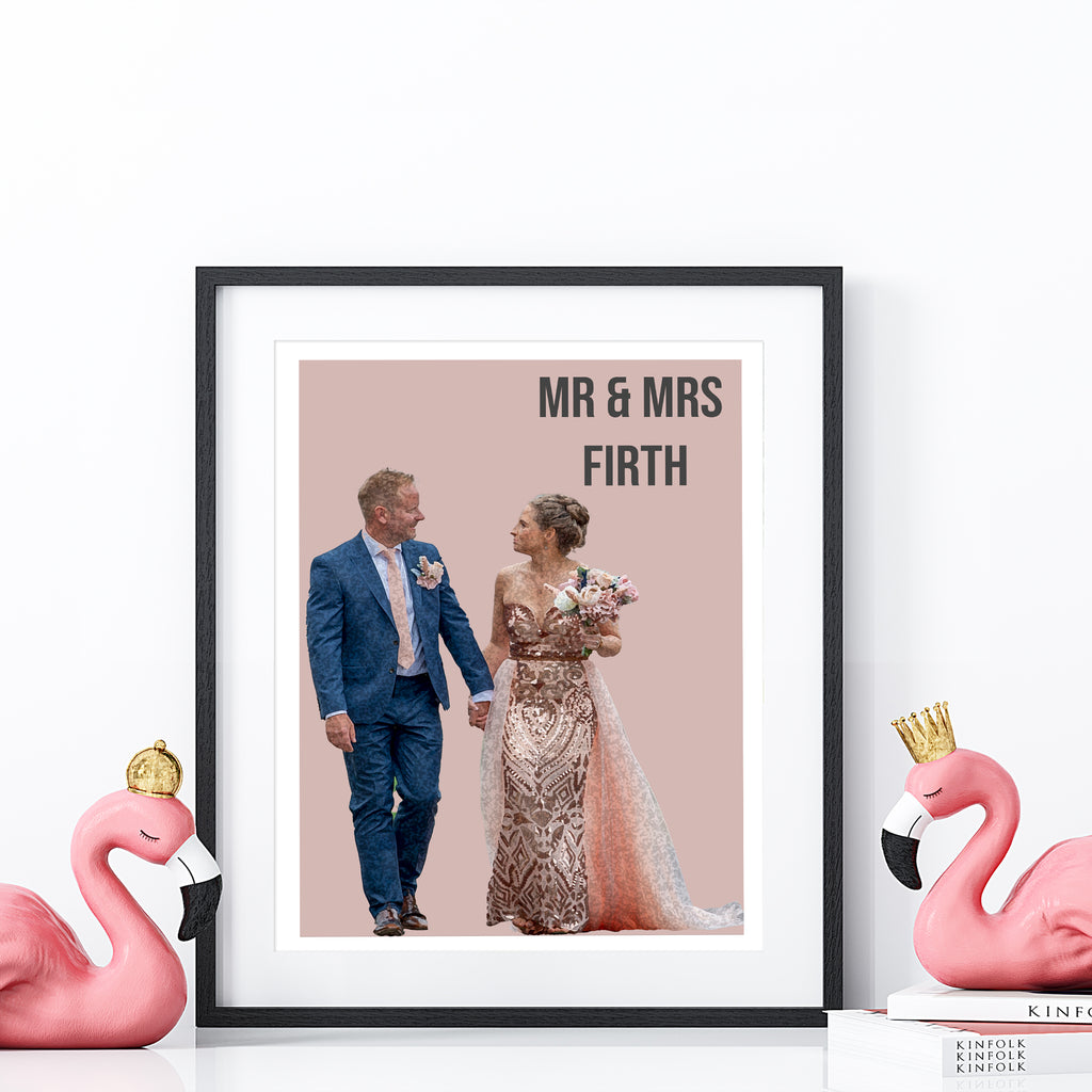 Unique wedding cartoon style print created from your favourite photo, bright and colourful.