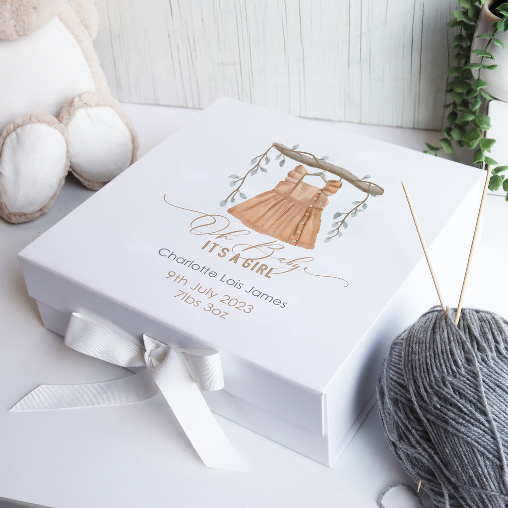 Personalised newborn keepsake box with smooth white finish and hand-drawn illustration, perfect for celebrating a baby’s arrival.