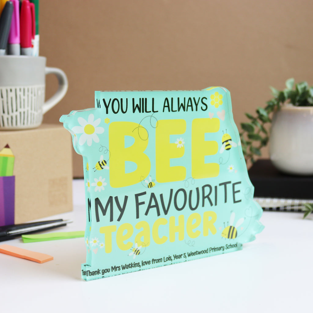 Unique teacher gift, personalised BEE desk stand for appreciation and gratitude.