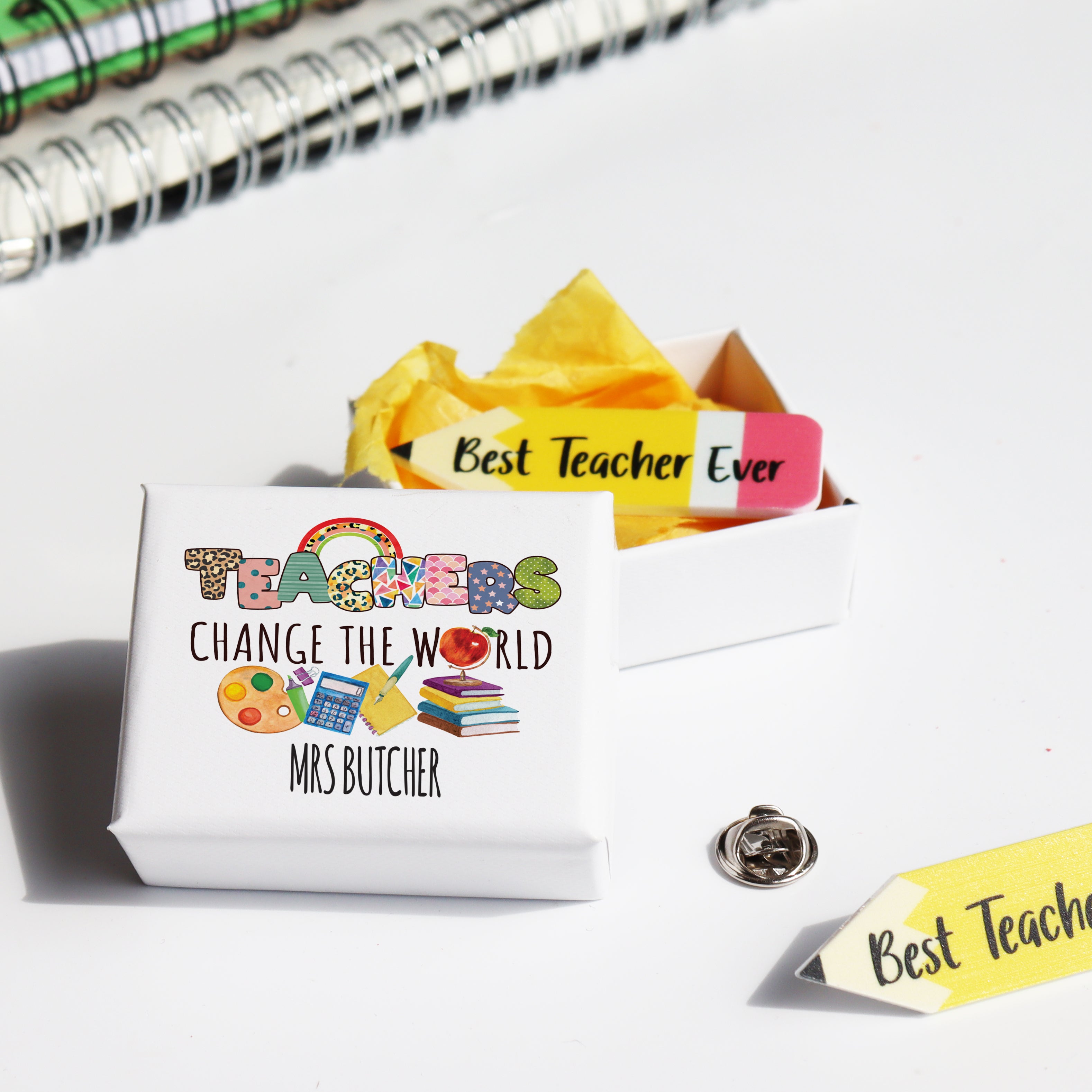 Wearable acrylic pin badge for teachers, Best Teacher Ever design in matchbox.