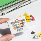 End-of-year teacher gift, personalised miniature matchbox pin badge keepsake.