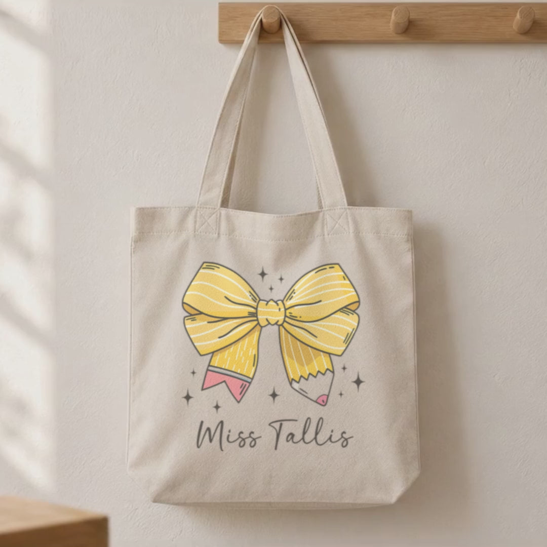 Personalised Pencil Bow Teacher Tote Bag