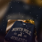 Personalised North Pole Athletics Christmas Jumper, Navy Varsity Print