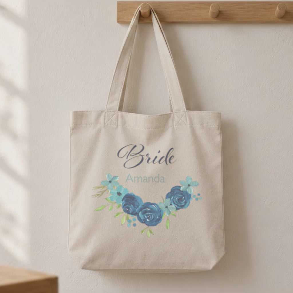 Personalised Blue Floral Bridal Party Tote Bag video
