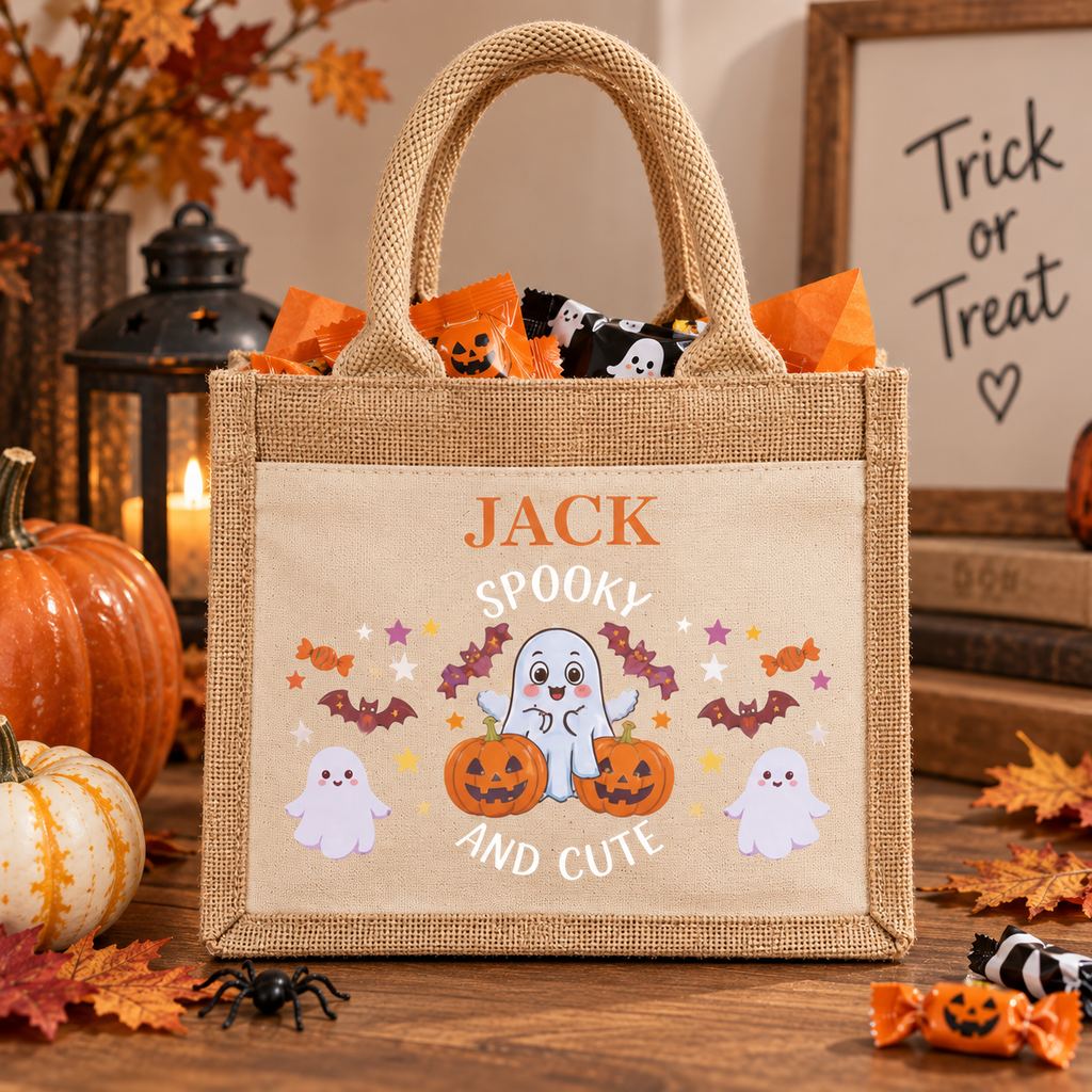 Personalised jute trick or treat bag with the name 'Jack', filled with sweets, on a table with pumpkins and a lantern.