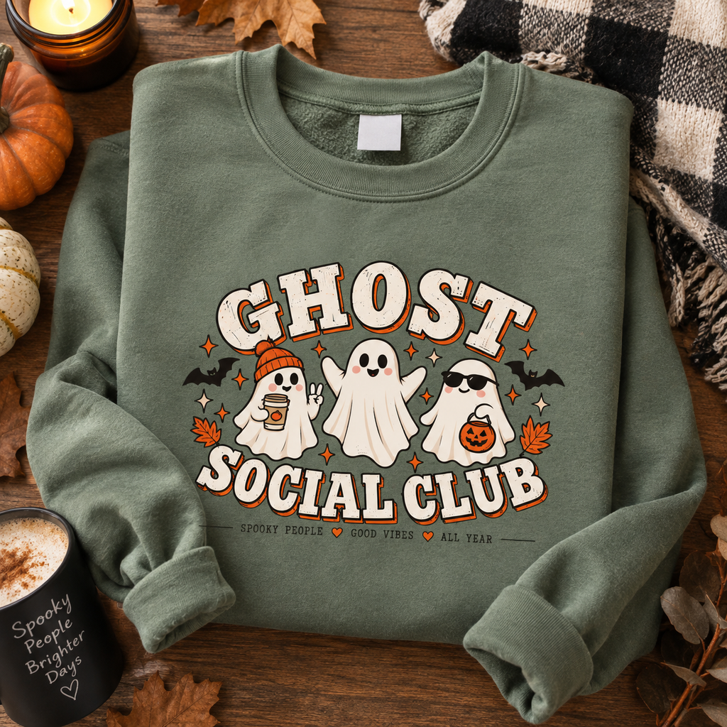 Folded dusty green Ghost Social Club sweatshirt on a wooden table with a pumpkin, candle and buffalo check blanket.