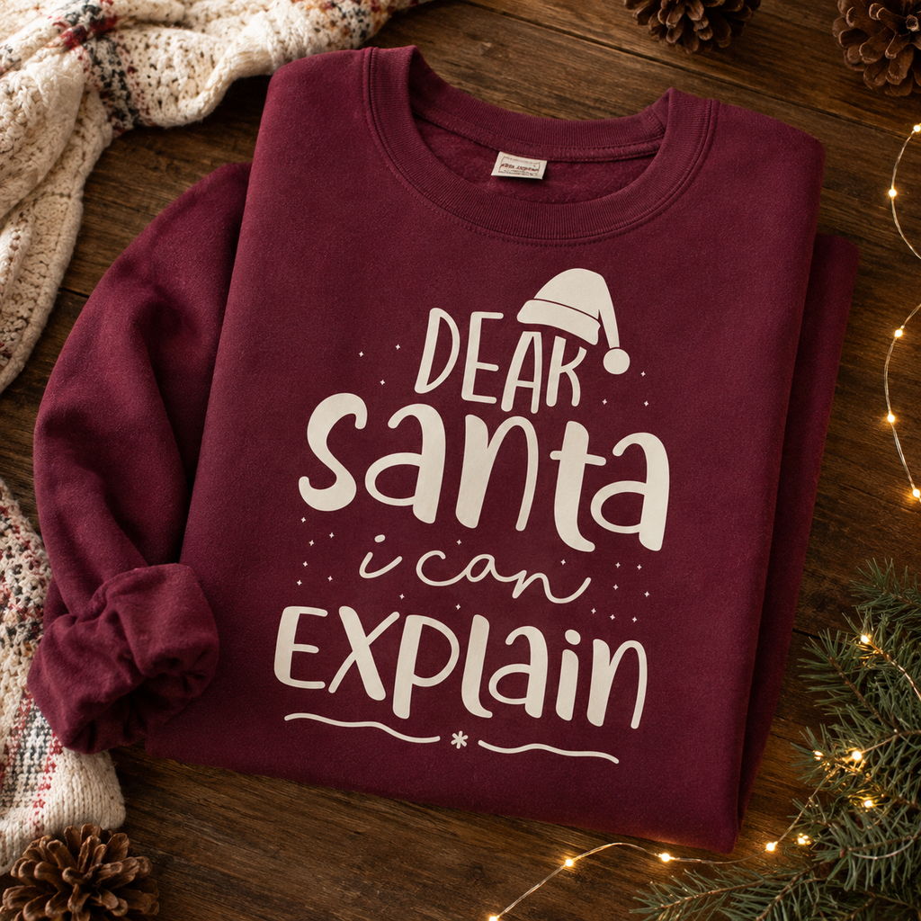 A folded maroon crewneck sweatshirt with a white graphic reading 'DEAR Santa i can EXPLAIN' and a Santa hat illustration, styled on a wooden surface with a knit blanket, pinecones, evergreen branches, and warm string lights.