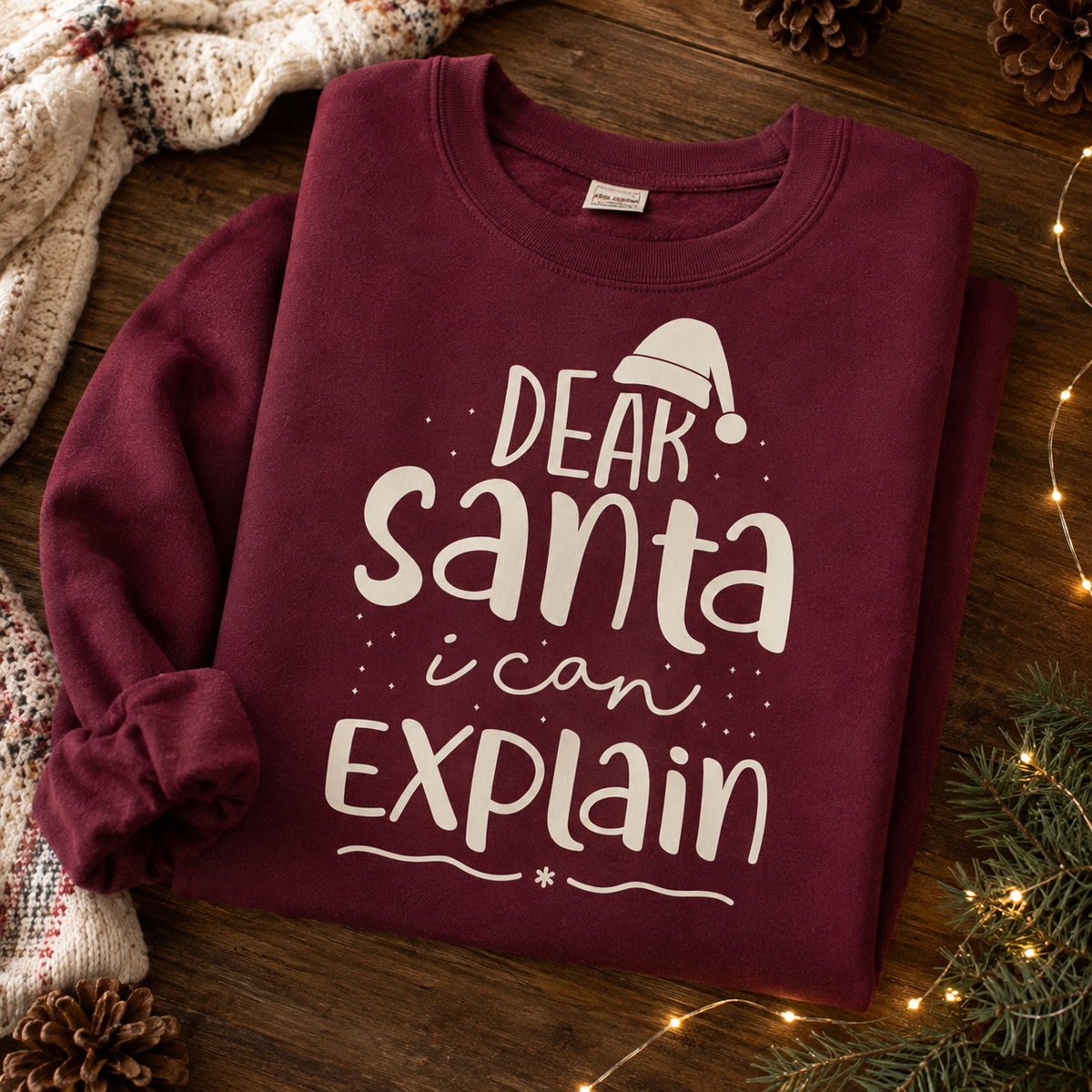 A folded maroon crewneck sweatshirt with a white graphic reading 'DEAR Santa i can EXPLAIN' and a Santa hat illustration, styled on a wooden surface with a knit blanket, pinecones, evergreen branches, and warm string lights.
