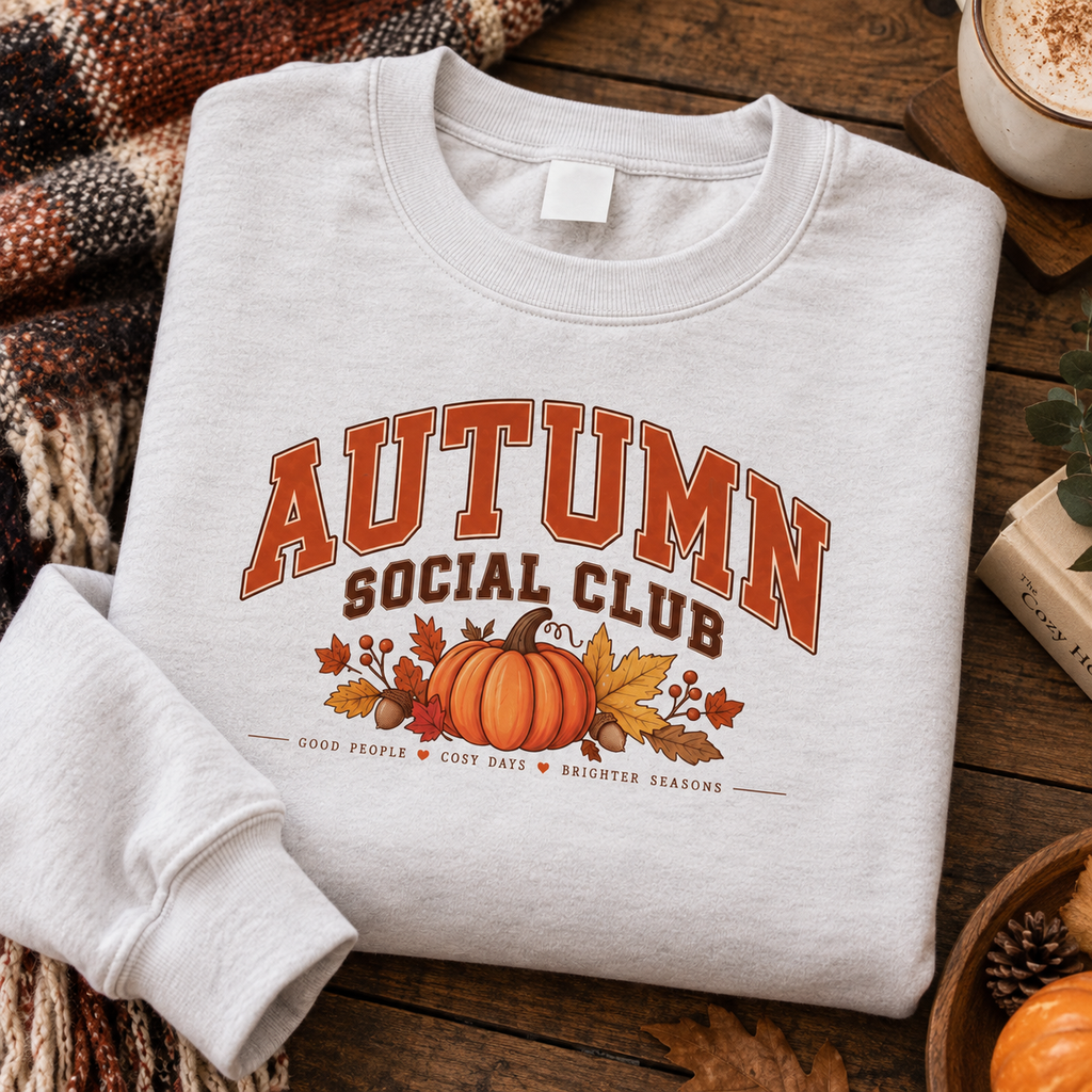 Folded white Autumn Social Club pumpkin sweatshirt on a wooden table with a plaid blanket, coffee and a pumpkin.