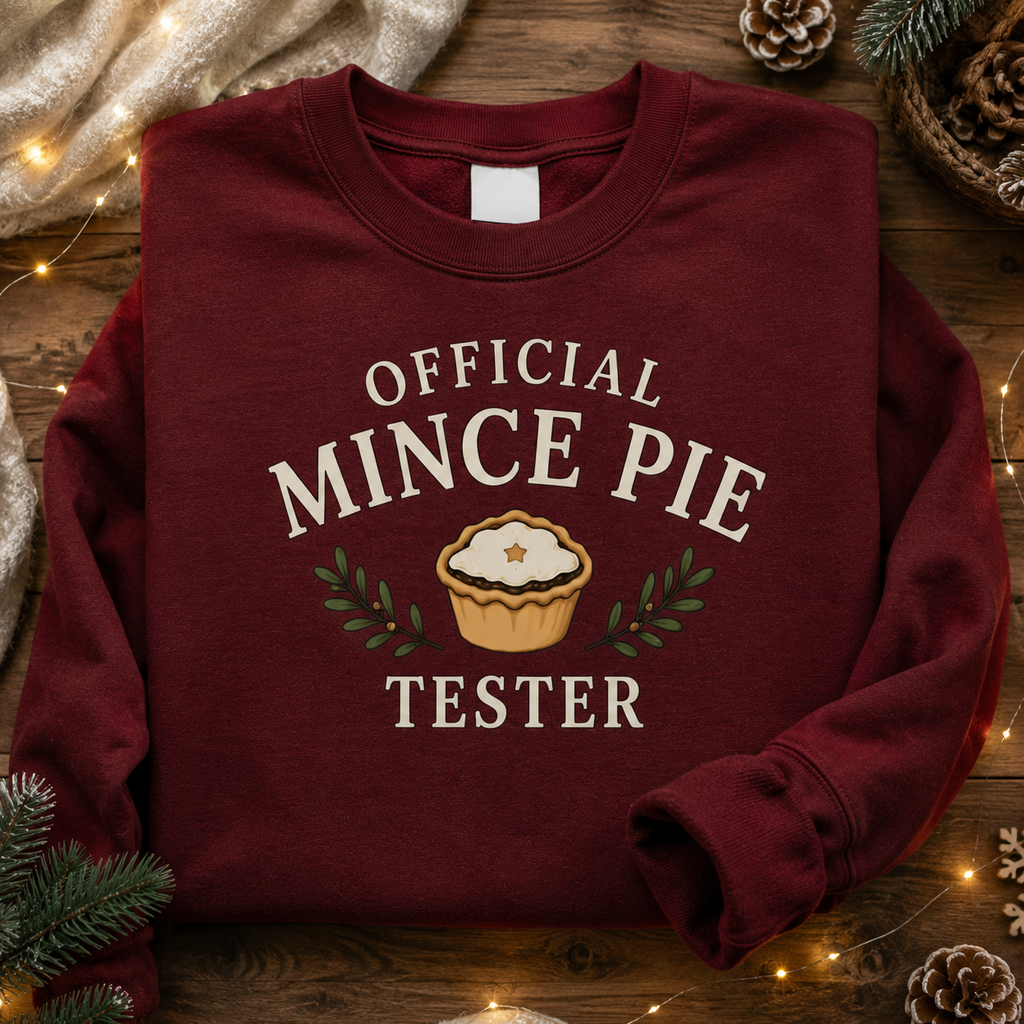Folded burgundy Official Mince Pie Tester Christmas jumper on a wooden surface with pine sprigs and pinecones.
