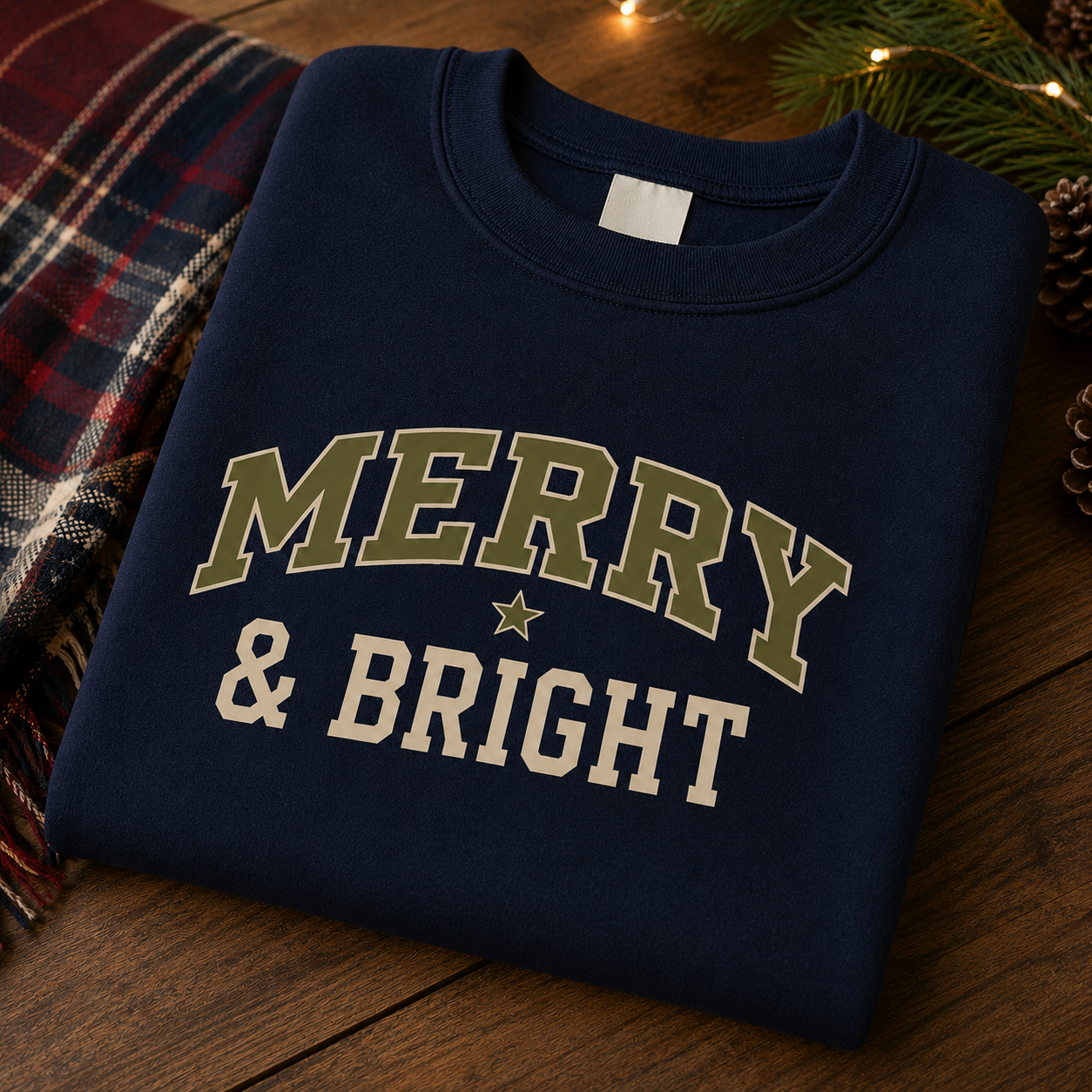 A navy blue crewneck sweatshirt with 'MERRY & BRIGHT' printed on the front in olive green and cream lettering, folded and styled on a wooden surface next to a plaid blanket and holiday lights.