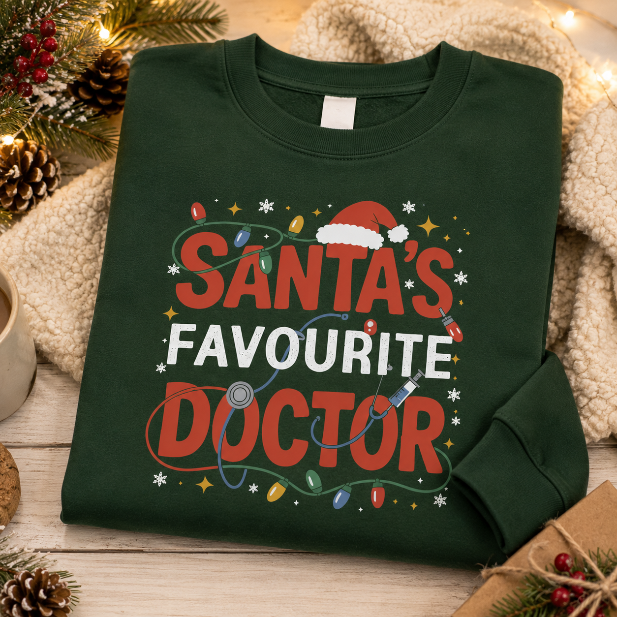 Green Santa's Favourite Doctor Christmas sweatshirt folded with pine cones and a cosy throw
