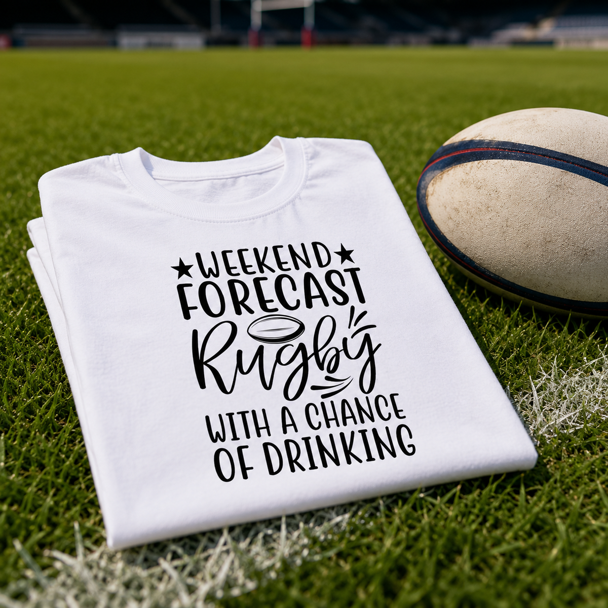 White rugby t-shirt with a funny 'Weekend Forecast Rugby' slogan and star design