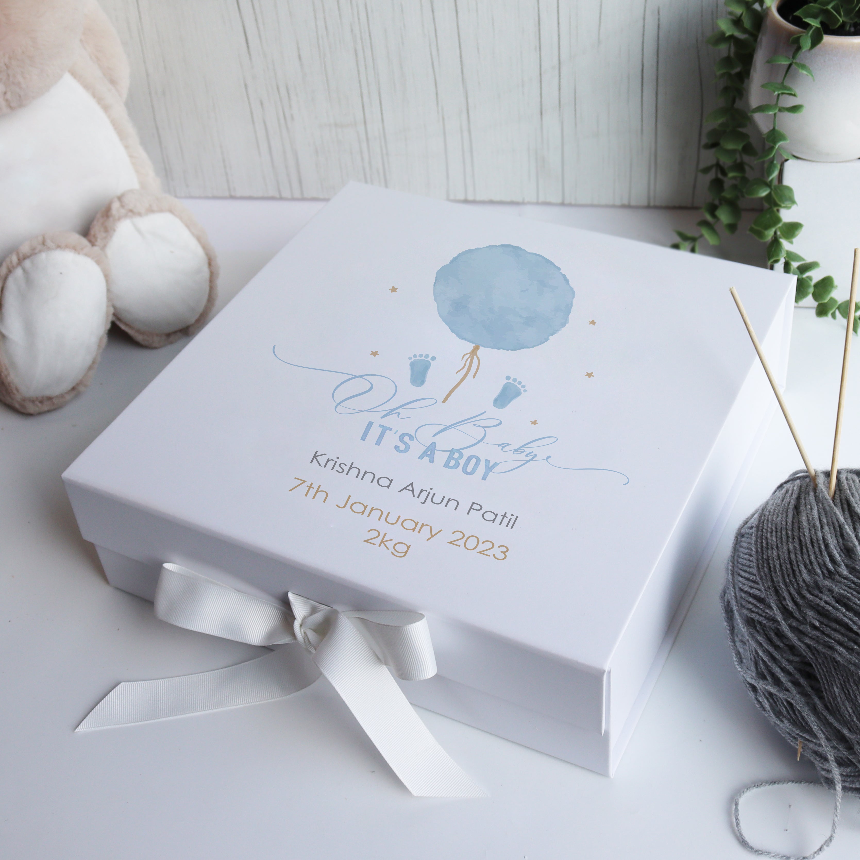Personalised baby memory box with smooth matte finish, bespoke hand-drawn design, and sustainable materials.