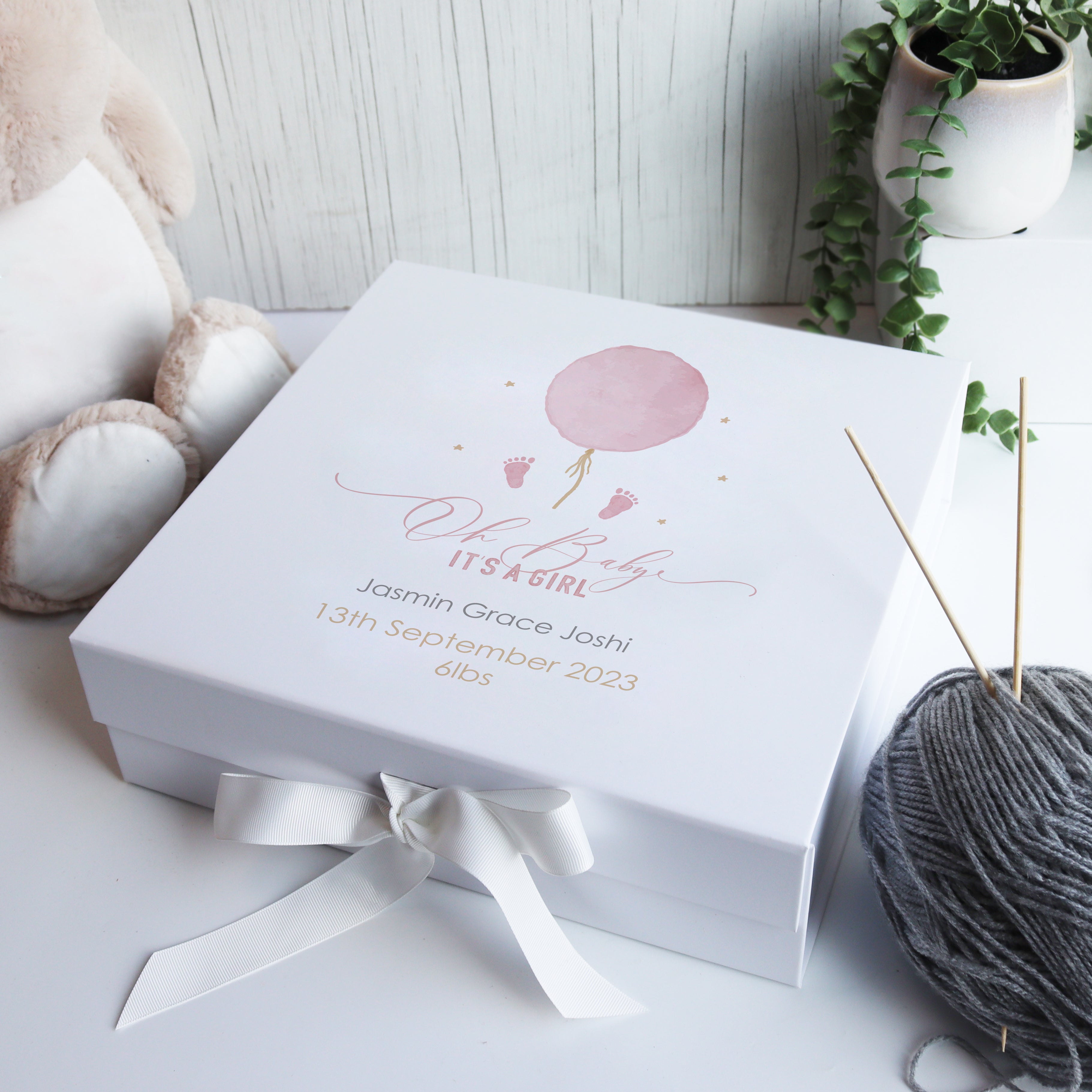 Luxury personalised baby girl keepsake box in white with hand-drawn watercolour illustration and ribbon closure