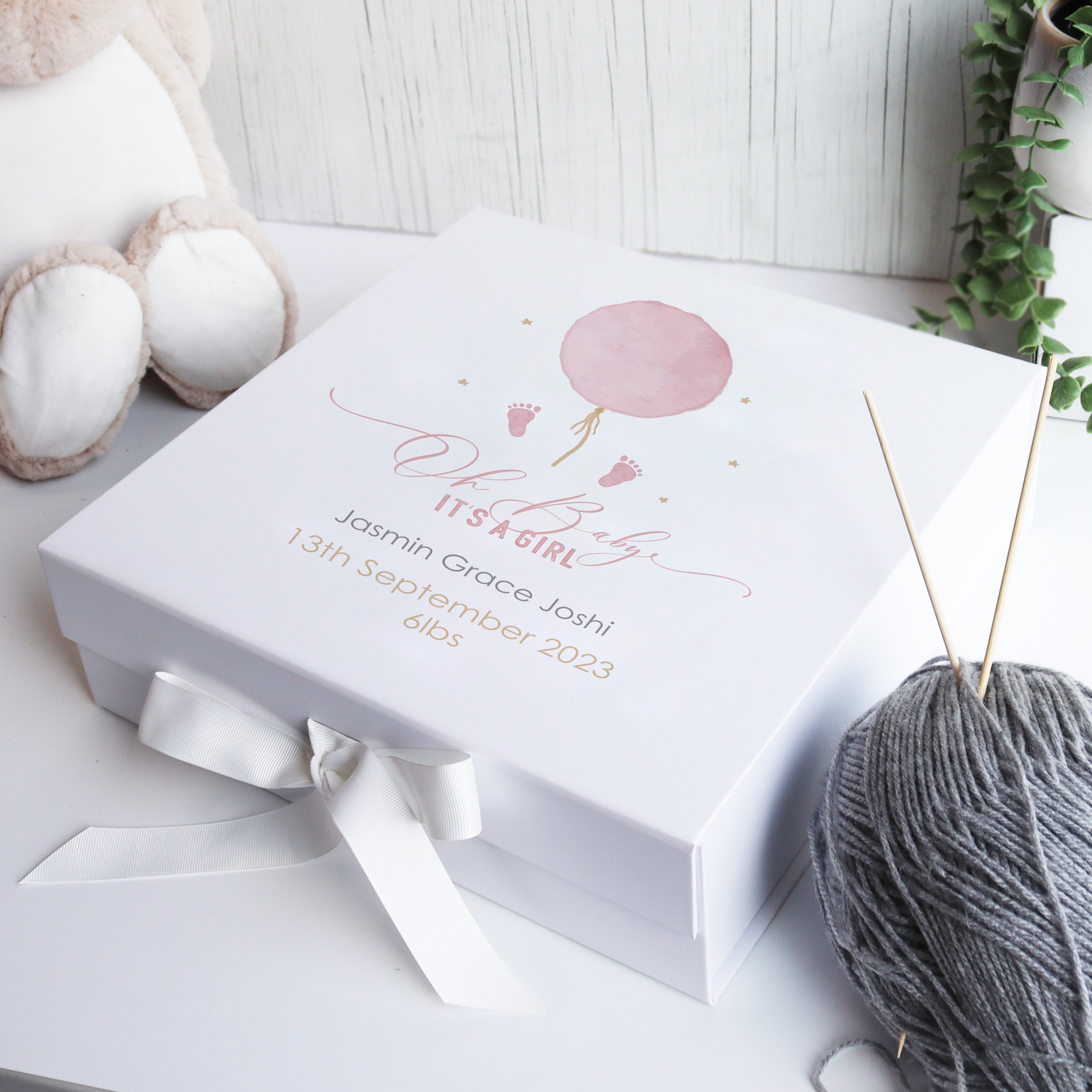 Personalised watercolour balloon baby girl gift box, designed as a luxury new baby keepsake