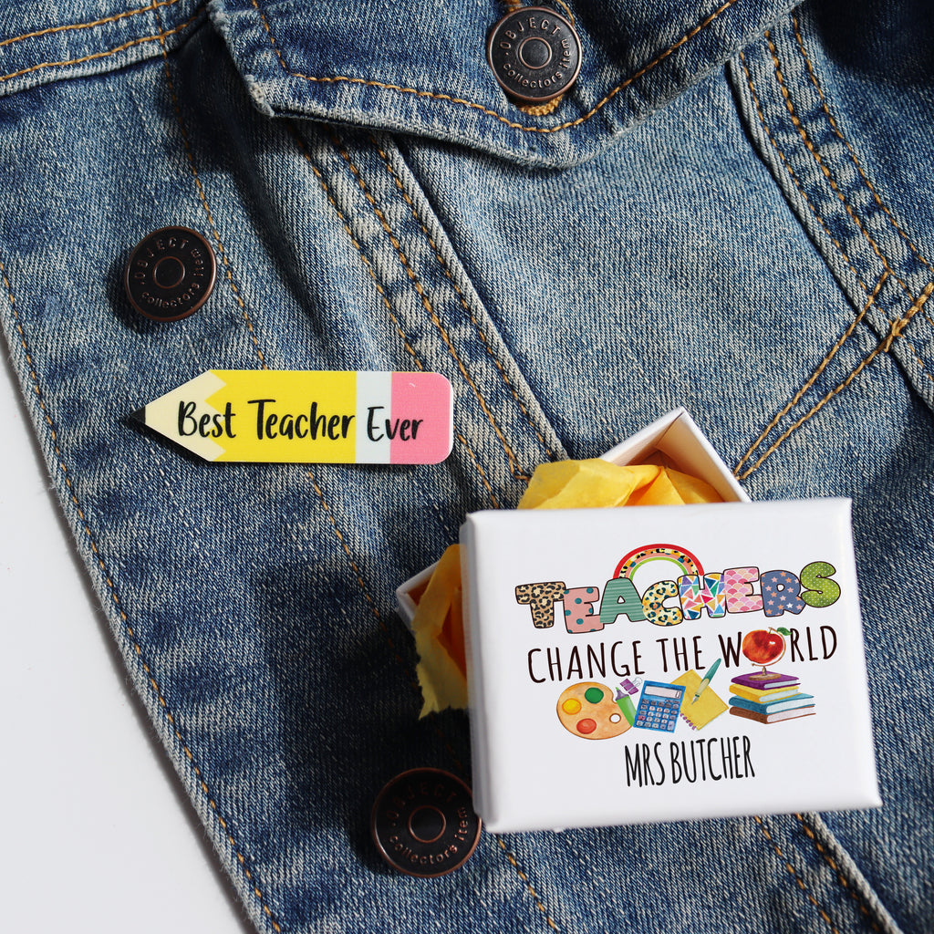 Unique teacher appreciation gift, custom pin badge in personalised mini box.