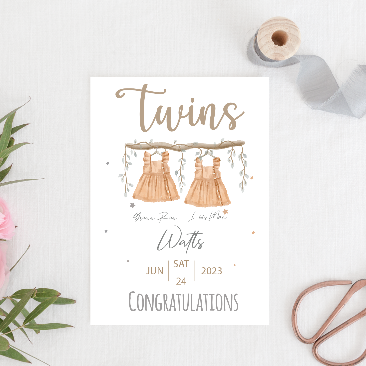Luxury twins baby card with customisable names and birth dates for new arrivals.