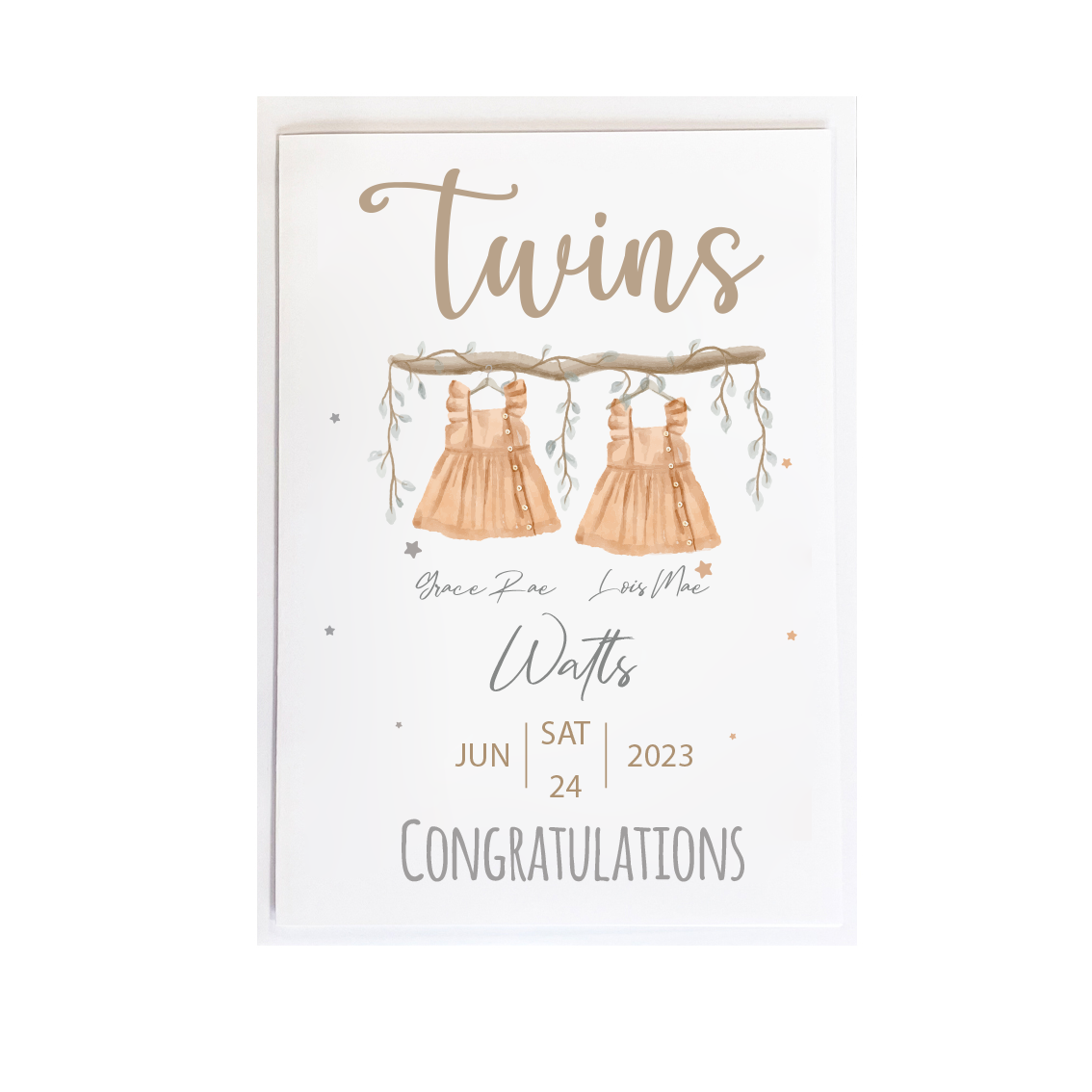 Personalised newborn twins card, a keepsake gift for parents and families.