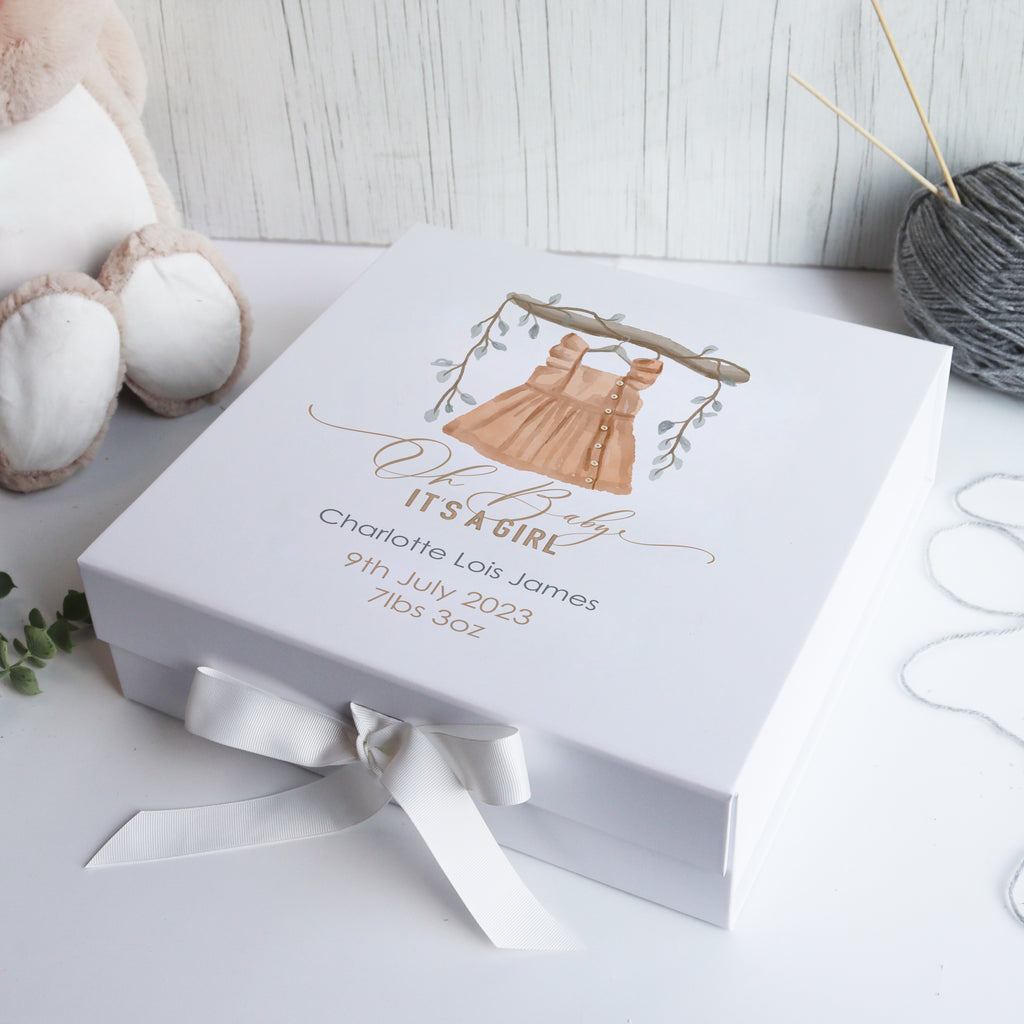 White personalised baby gift box with removable ribbon, perfect for storing newborn mementos.