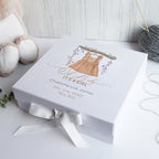 White personalised baby gift box with removable ribbon, perfect for storing newborn mementos.