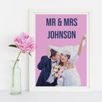 Framed A4 personalised wedding cartoon print in white frame, perfect romantic gift.