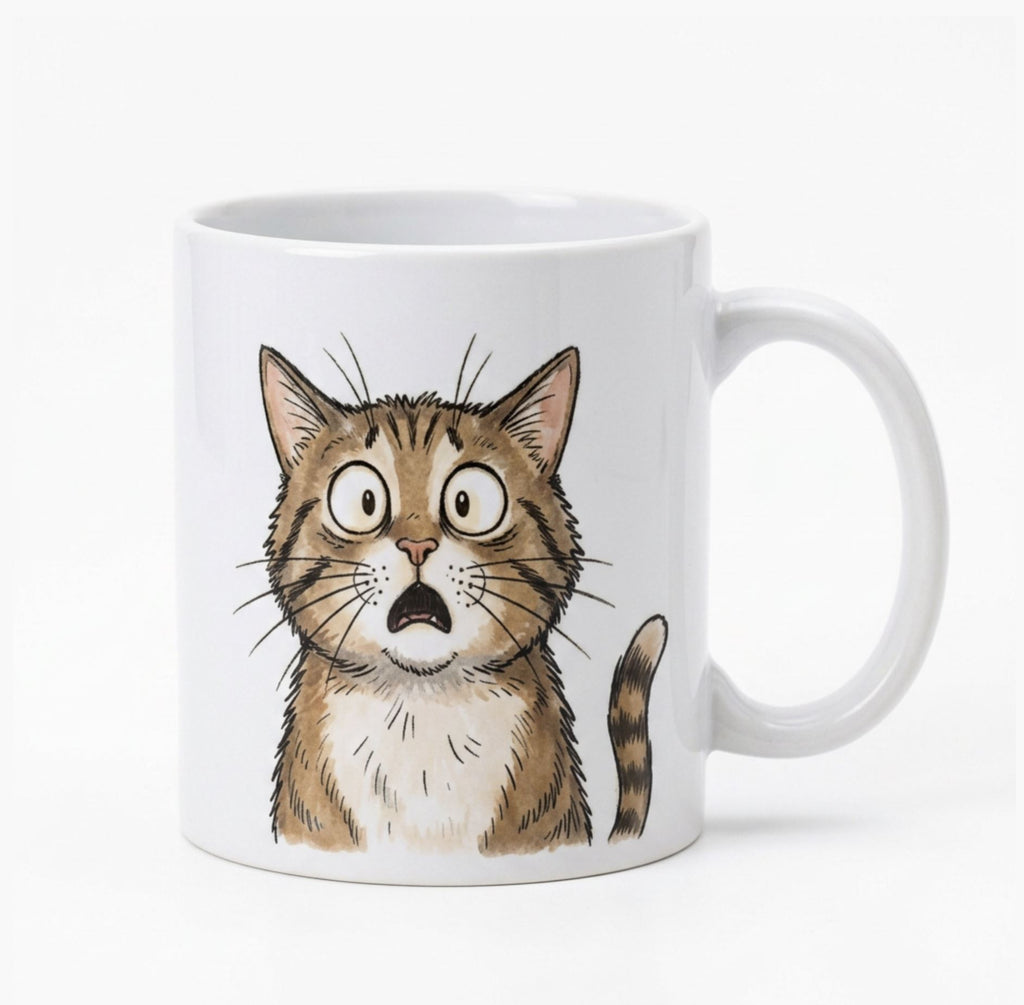 White Frightened Feline mug with a startled cat design, on a plain white background.