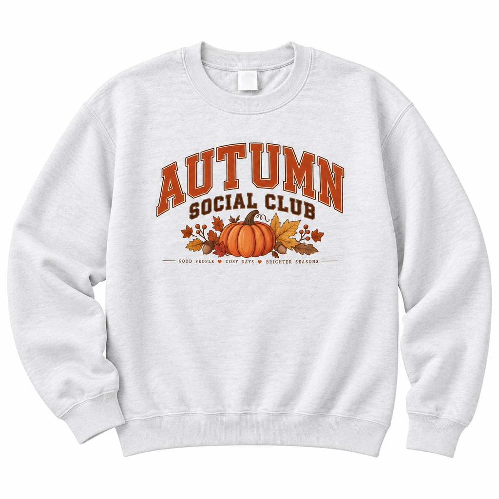 White Autumn Social Club sweatshirt on a plain background, showing the pumpkin graphic and text design in full.