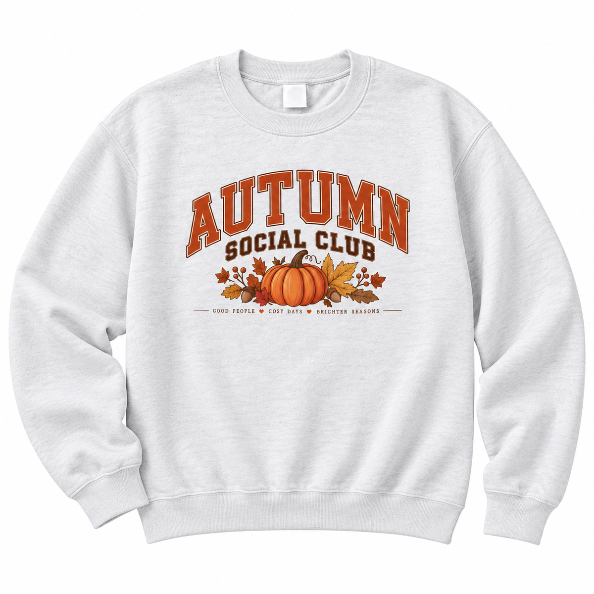 White Autumn Social Club sweatshirt on a plain background, showing the pumpkin graphic and text design in full.