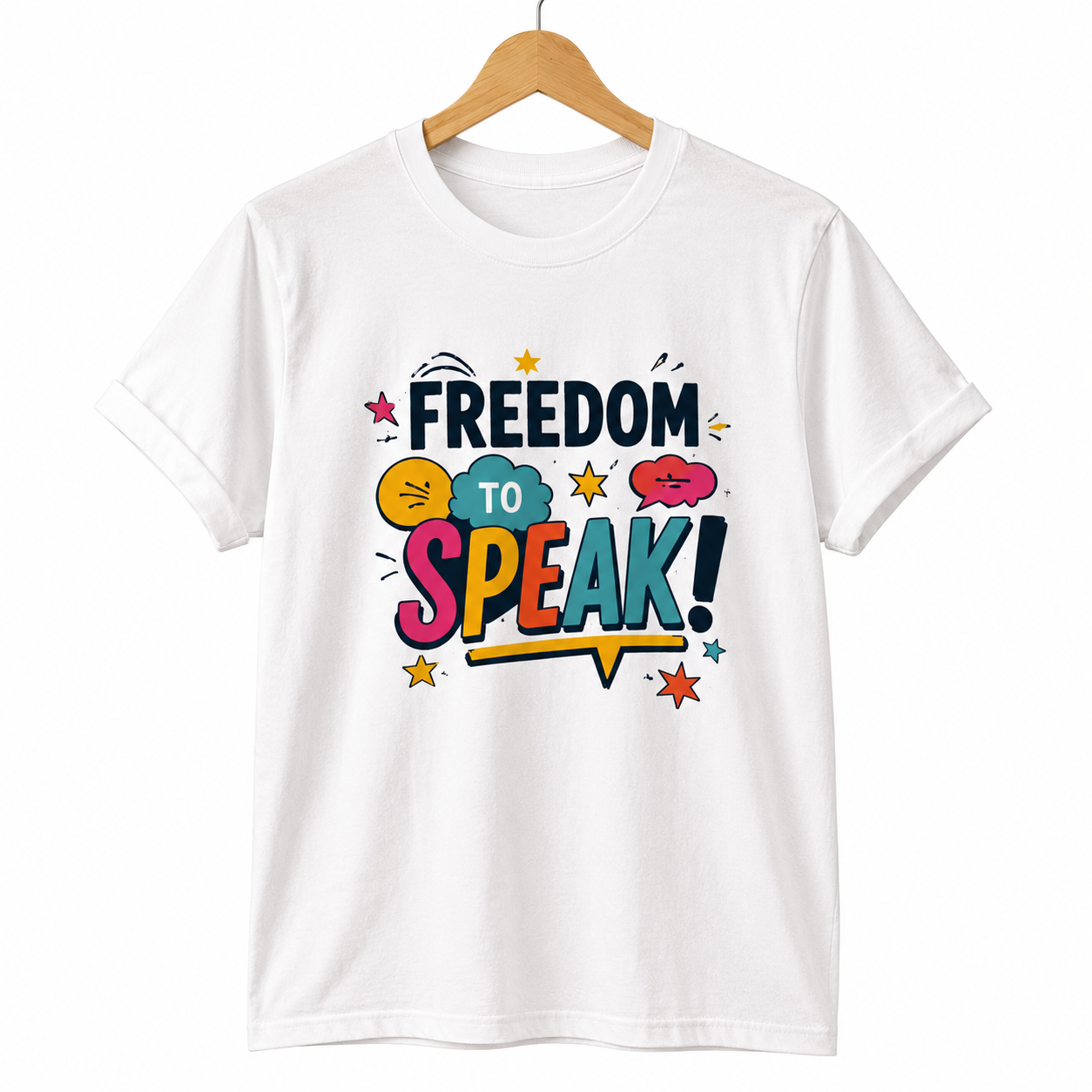 White Freedom To Speak t-shirt on a hanger against a plain white background.