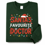 Green Santa's Favourite Doctor Christmas sweatshirt on a white background, front flat lay