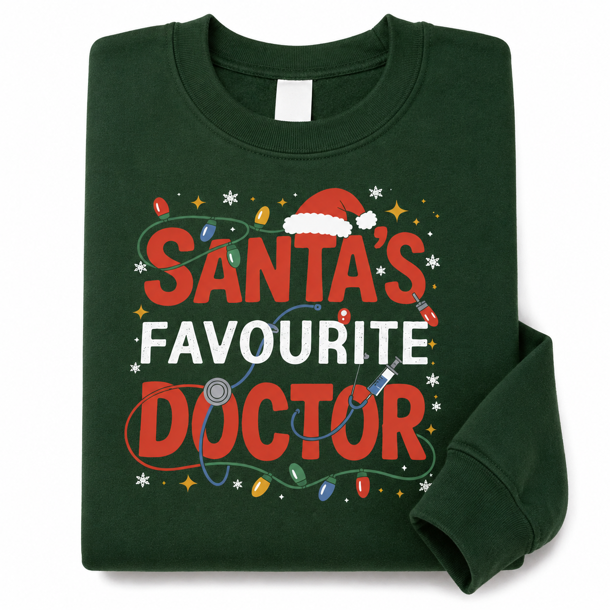Green Santa's Favourite Doctor Christmas sweatshirt on a white background, front flat lay