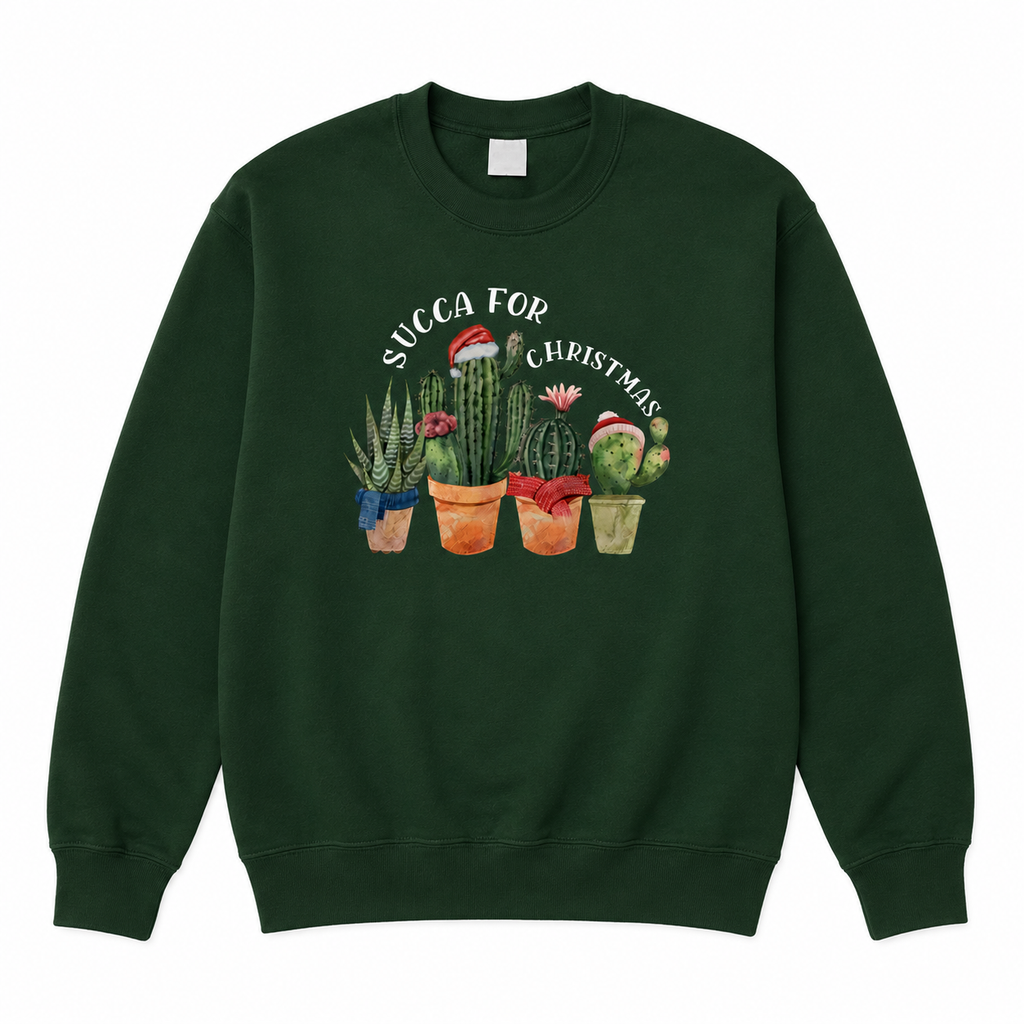 Green Succa For Christmas jumper on a plain white background, front view.