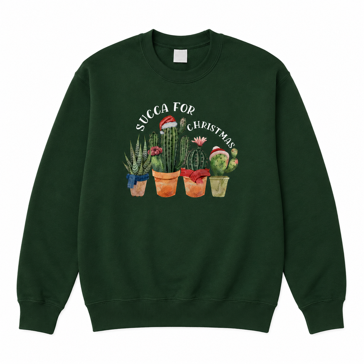 Green Succa For Christmas jumper on a plain white background, front view.
