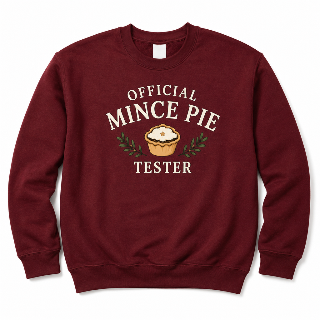Burgundy Official Mince Pie Tester Christmas sweatshirt on a plain white background, front view.