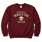 Burgundy Official Mince Pie Tester Christmas sweatshirt on a plain white background, front view.