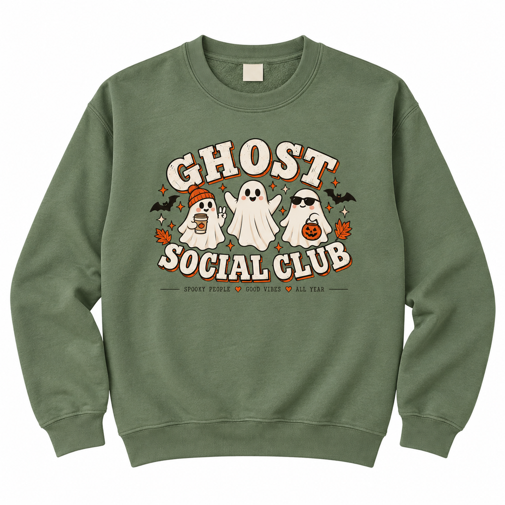 Dusty green Ghost Social Club sweatshirt on a plain background, showing the ghosts and bats front print design in full.