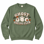 Dusty green Ghost Social Club sweatshirt on a plain background, showing the ghosts and bats front print design in full.