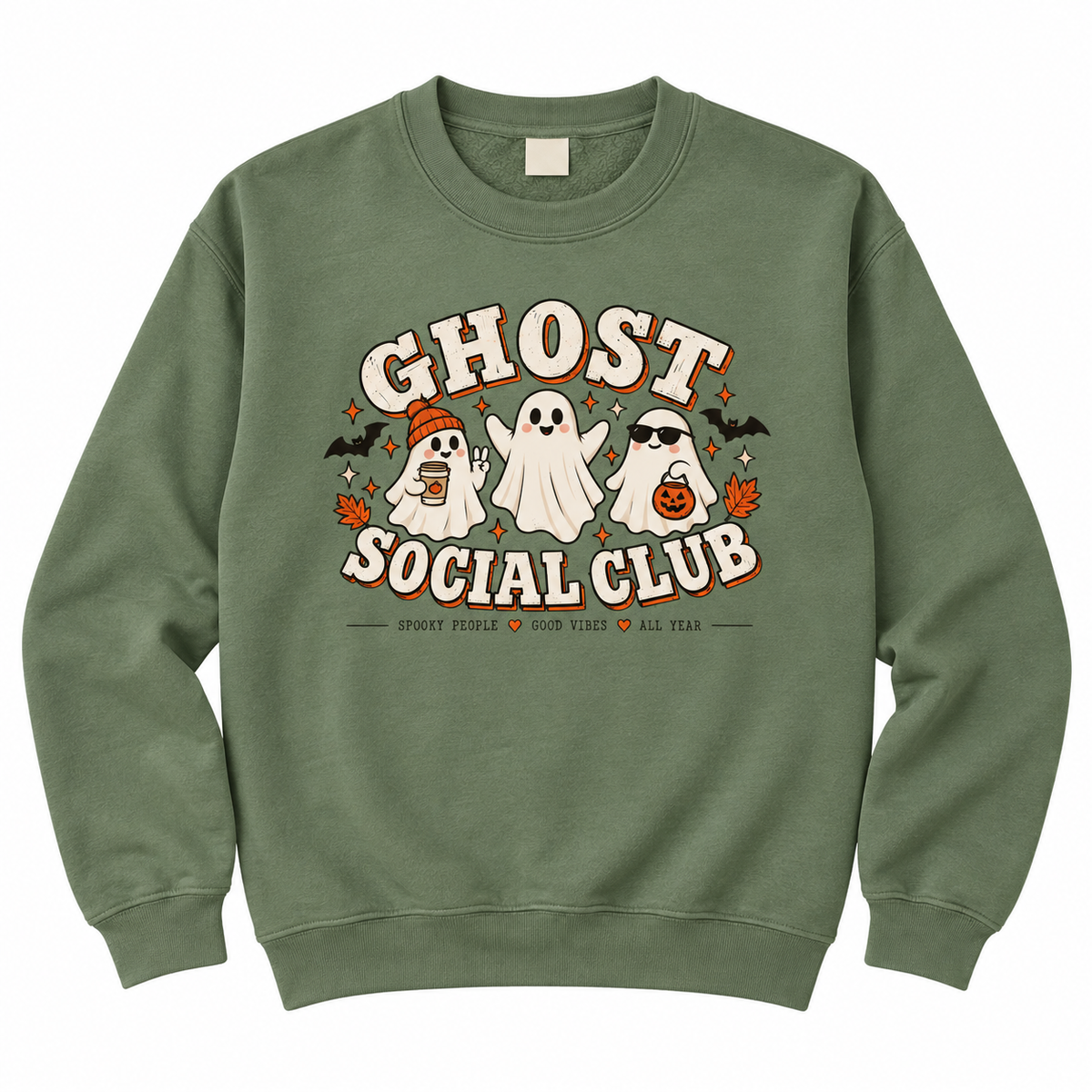 Dusty green Ghost Social Club sweatshirt on a plain background, showing the ghosts and bats front print design in full.