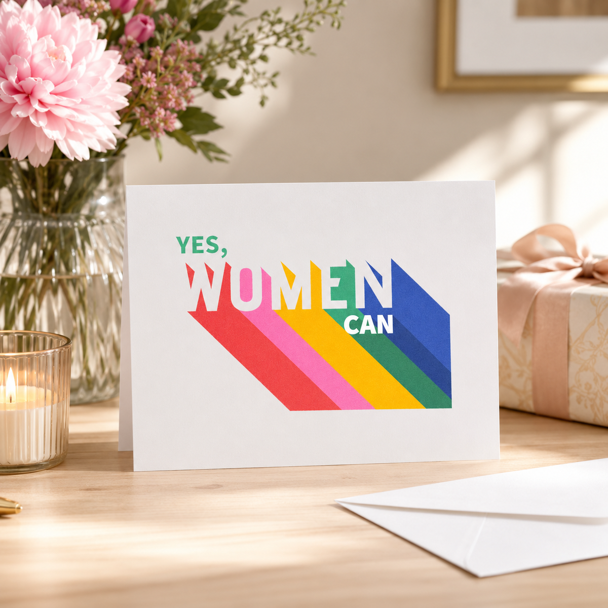 Bright 'Yes, Women Can' card with bold rainbow lettering