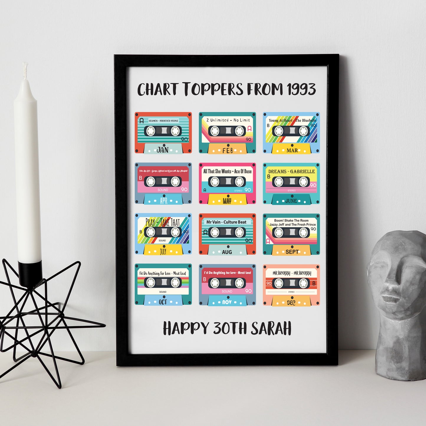 30th Birthday cassette music print personalised