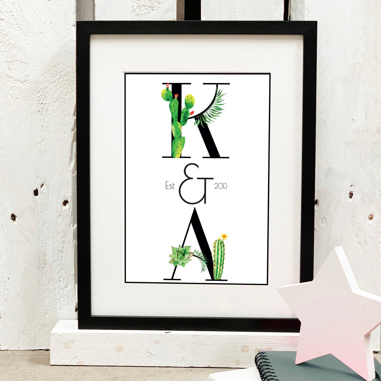 Personalised Couples Water Colour Cactus Print