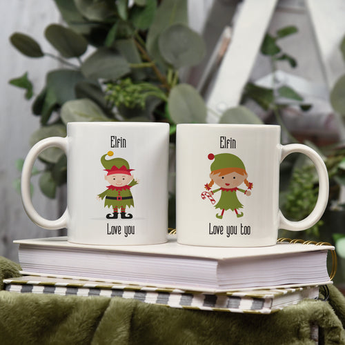 Festive couples mug set with elf characters, personalised for two names