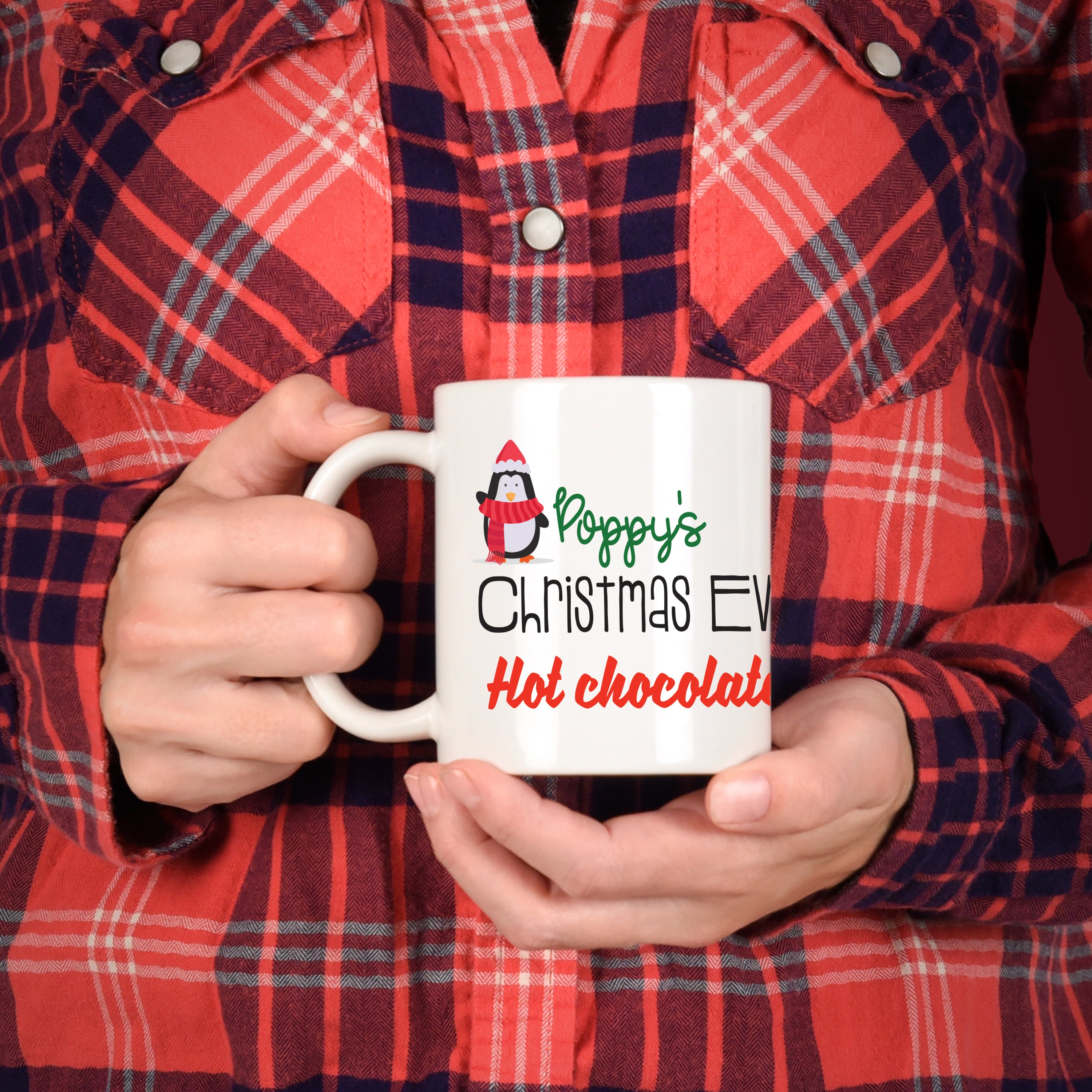 Personalised Christmas hot chocolate mug with festive green and white design