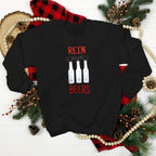 Cozy festive sweater featuring beer bottles dressed as reindeer
