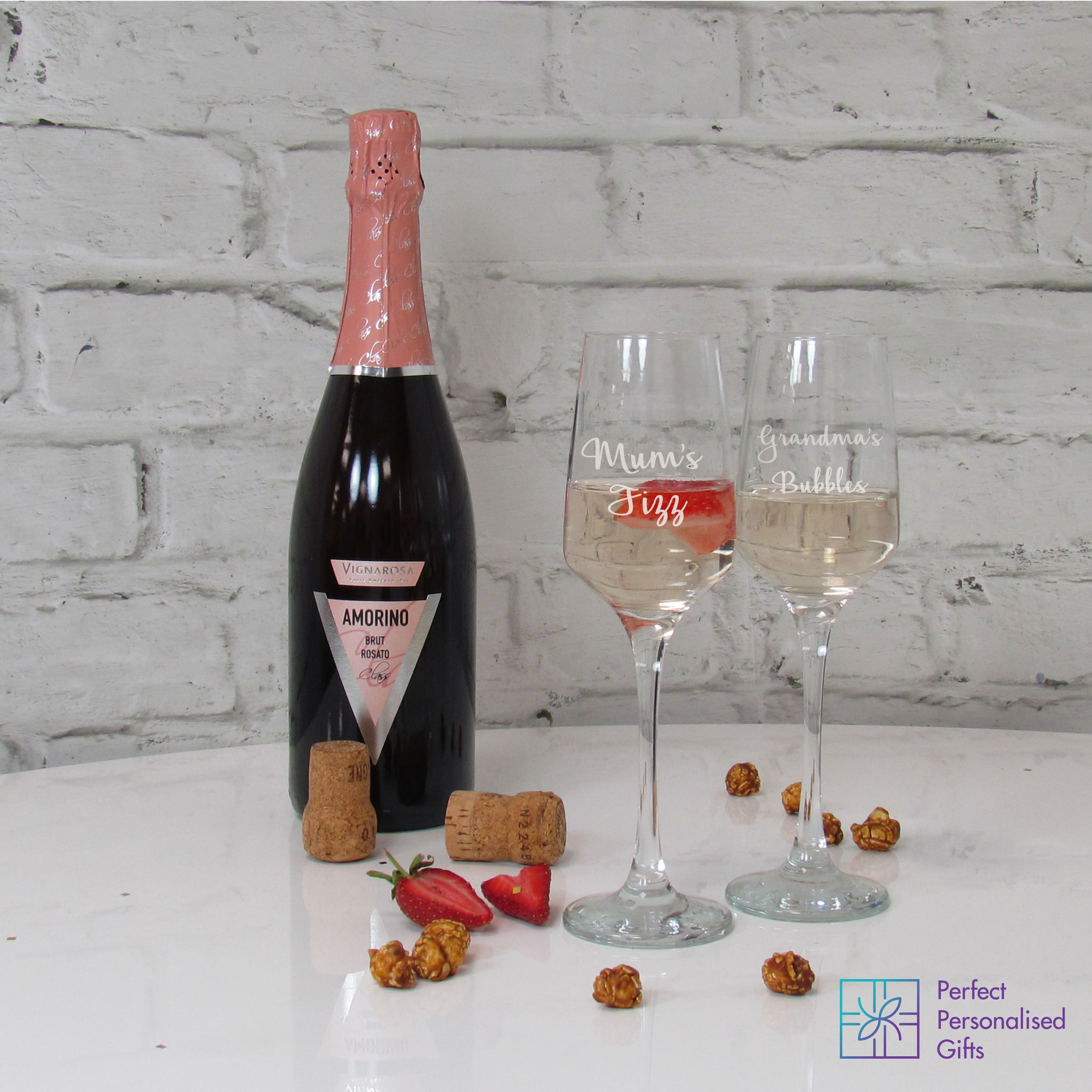 Engraved prosecco flute with two lines of personalised text