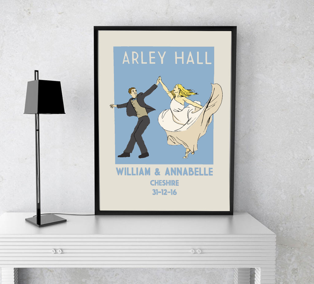 Custom wedding keepsake print featuring a joyful dancing couple and personalised details from their special day.
