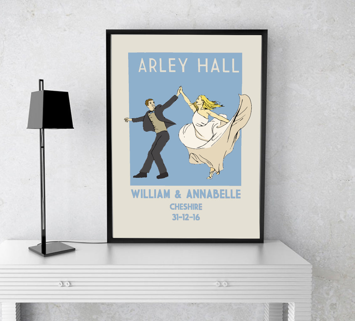 Custom wedding keepsake print featuring a joyful dancing couple and personalised details from their special day.