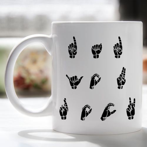 Father's Day mug with 'Dad You Rock' in sign language hand signs